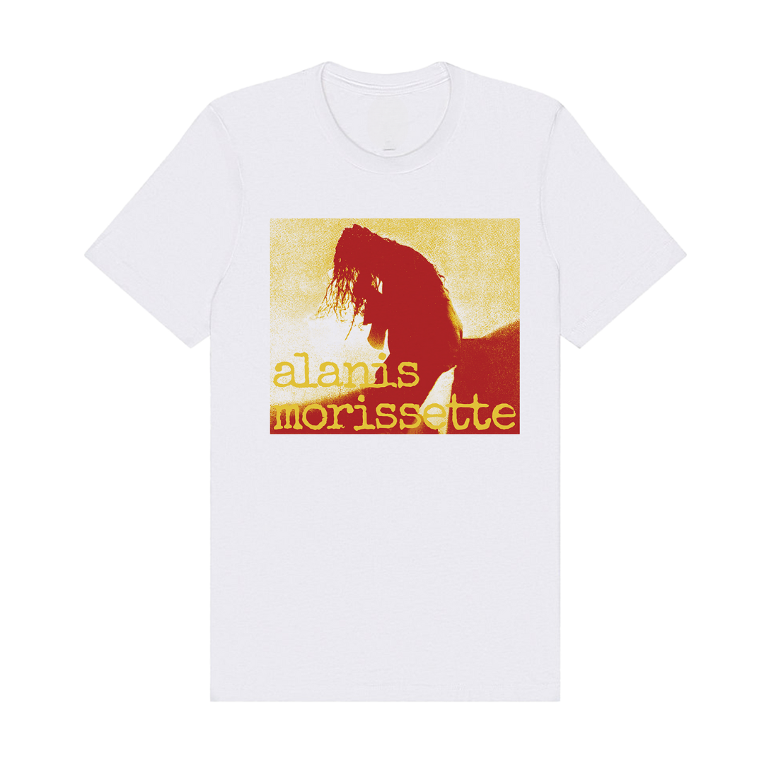 White short-sleeve t-shirt with an Alanis Morissette graphic.