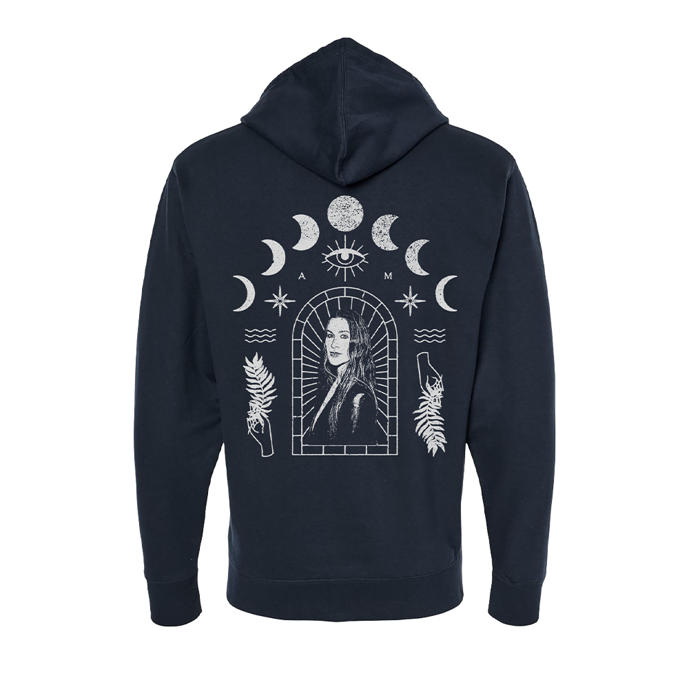 Black hoodie with mystical artwork featuring moon phases, an eye, and a figure in an arched window on the back.