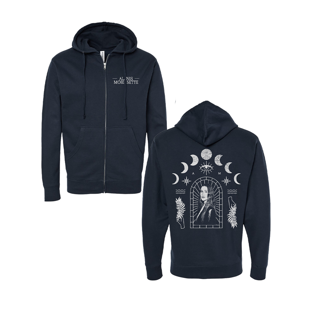 Dark blue zip-up hoodie with mystical artwork on the back.