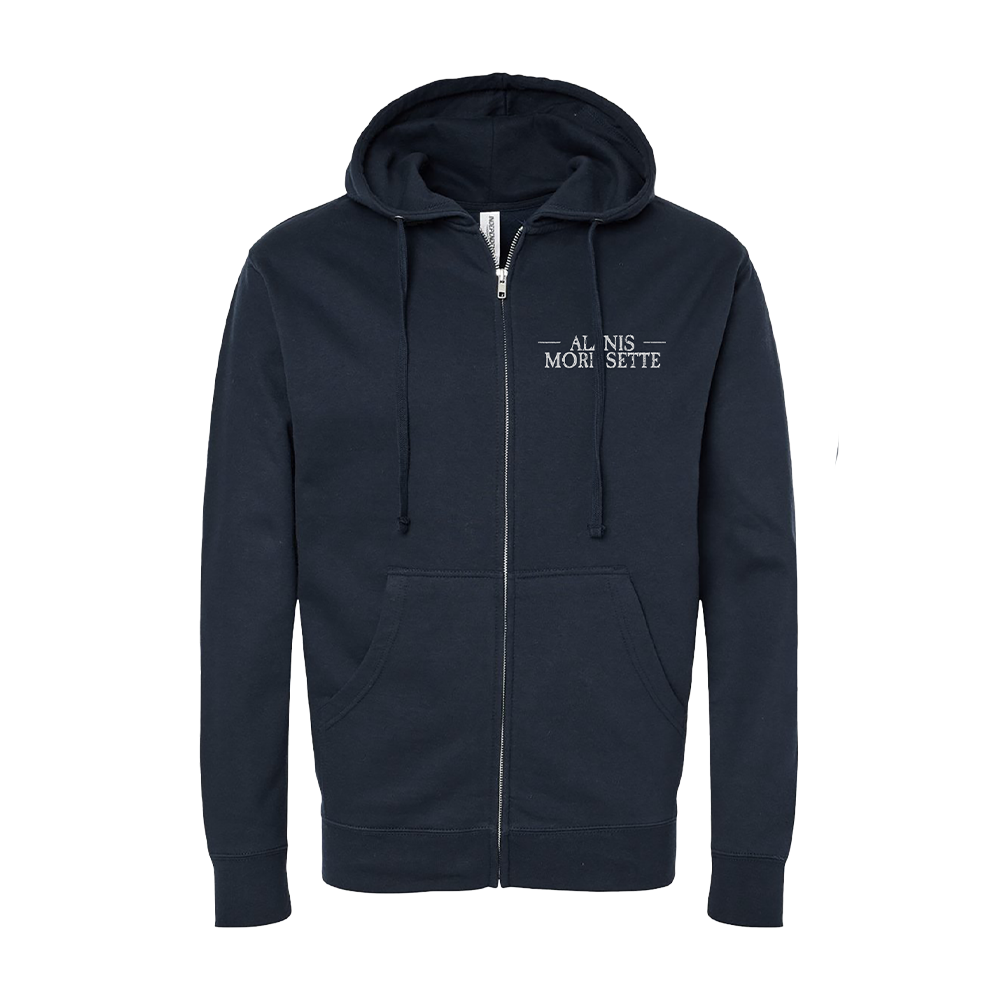 Dark blue zip-up hoodie with ’AL NIS MORI SETTE’ text embroidered on the chest.