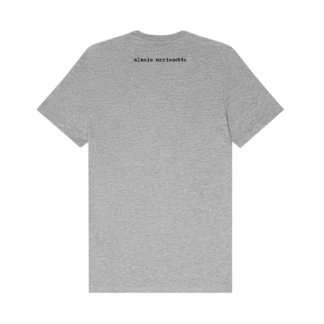 Heather gray t-shirt with ’alexis orrisette’ text on the back.