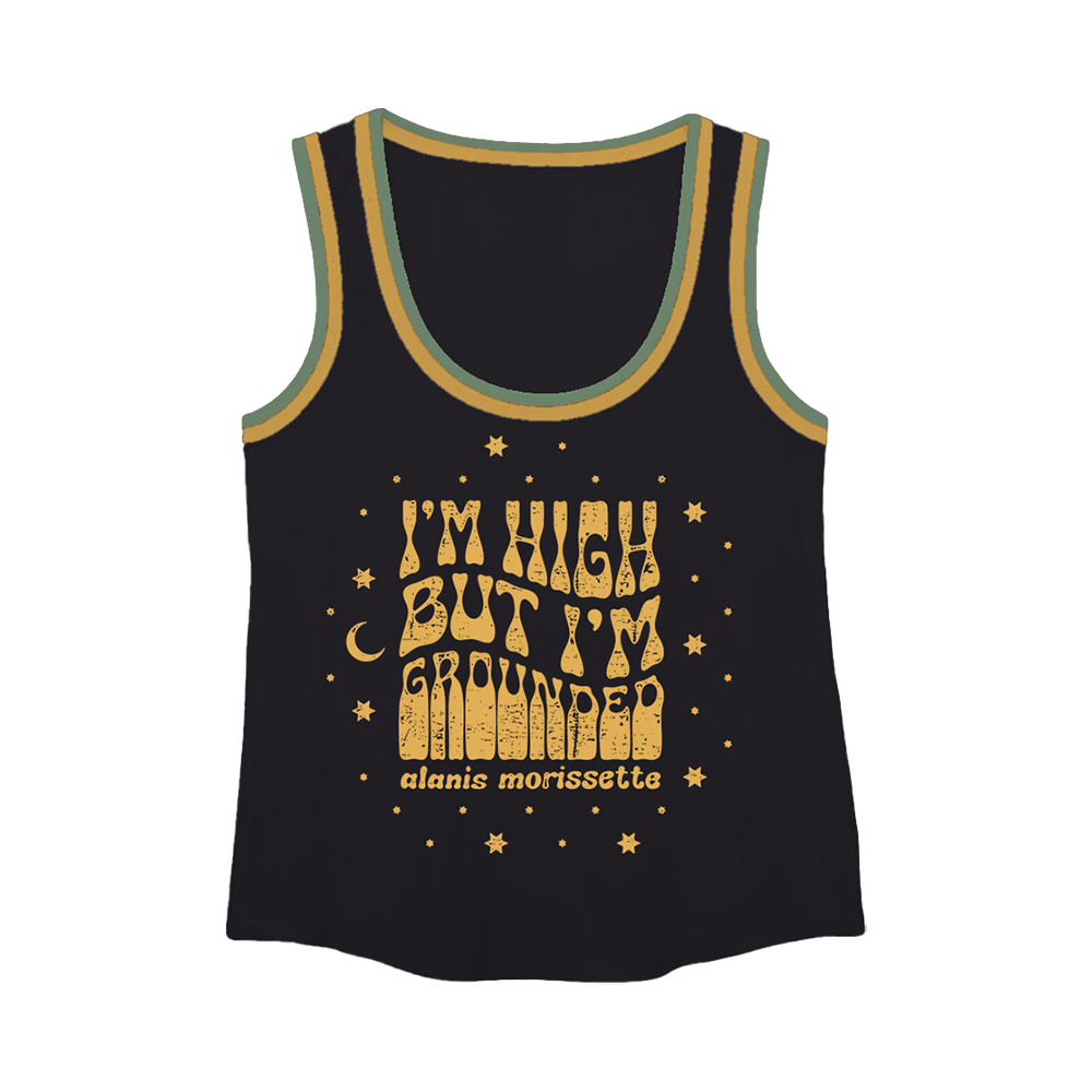 Black tank top with yellow text reading ’I’m high but I’m grounded’ and Alanis Morissette’s name.