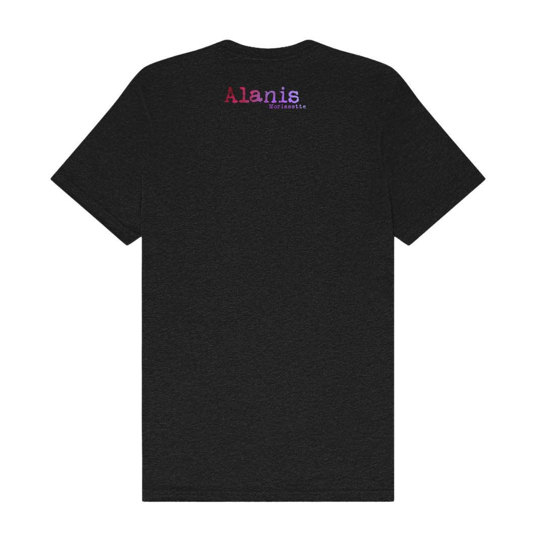 Black alanis t-shirt with red and purple text design.