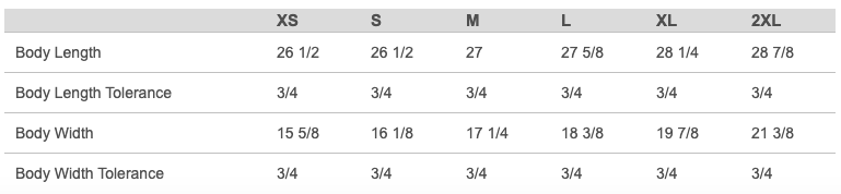 Size chart displaying measurements for different clothing sizes from XS to 2XL.