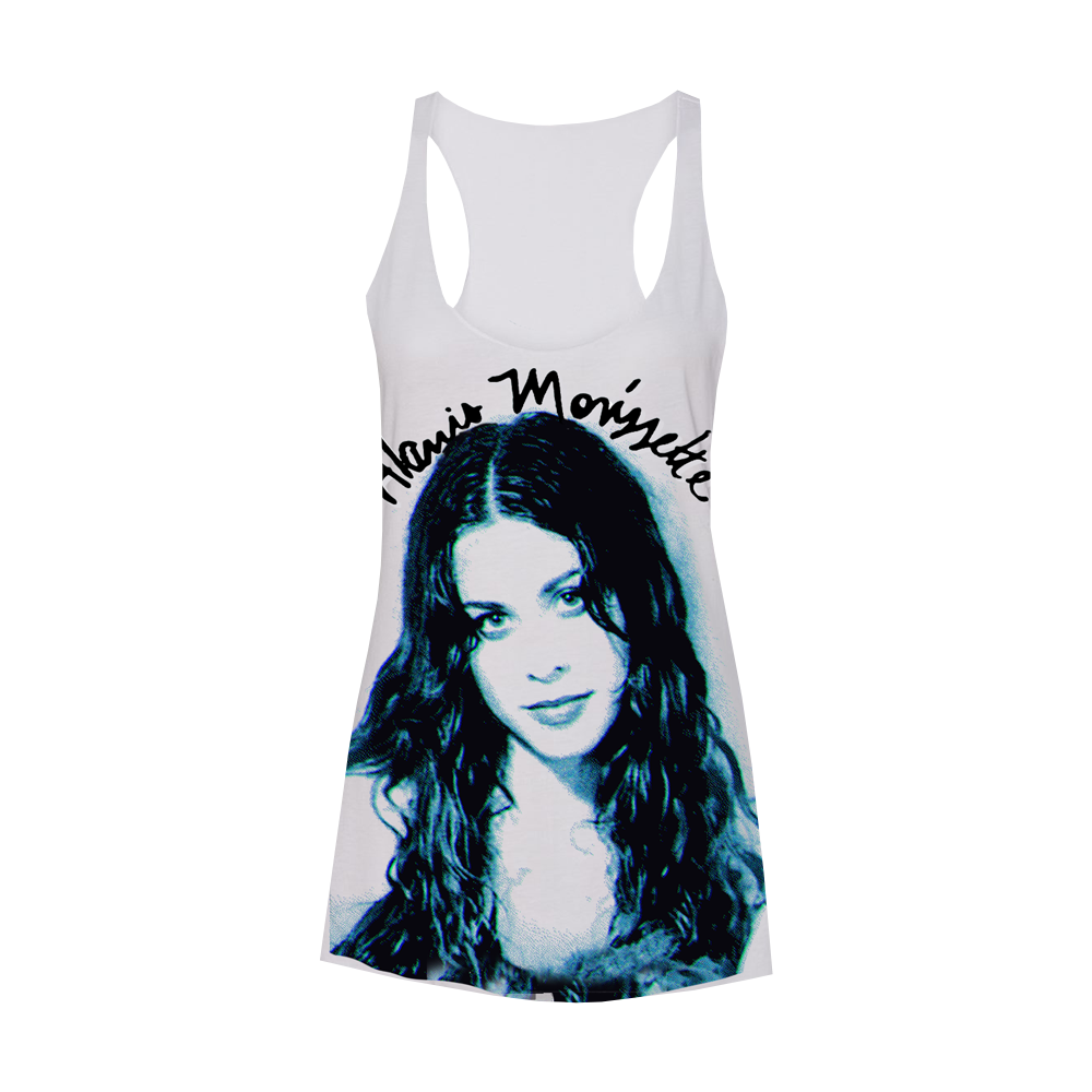 White women’s tank top with a blue-tinted portrait and text printed on the front.