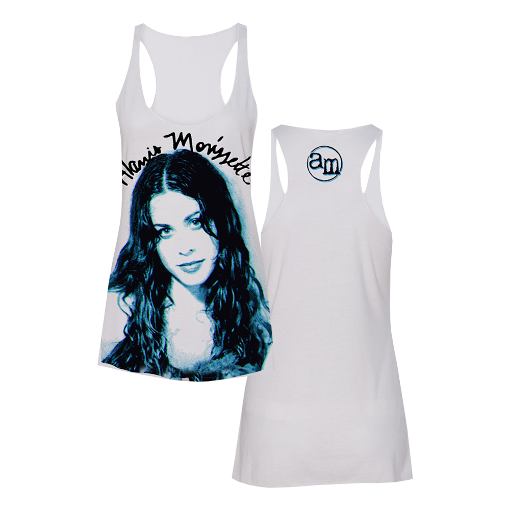White women’s tank top with a blue-tinted portrait and text printed on the front.