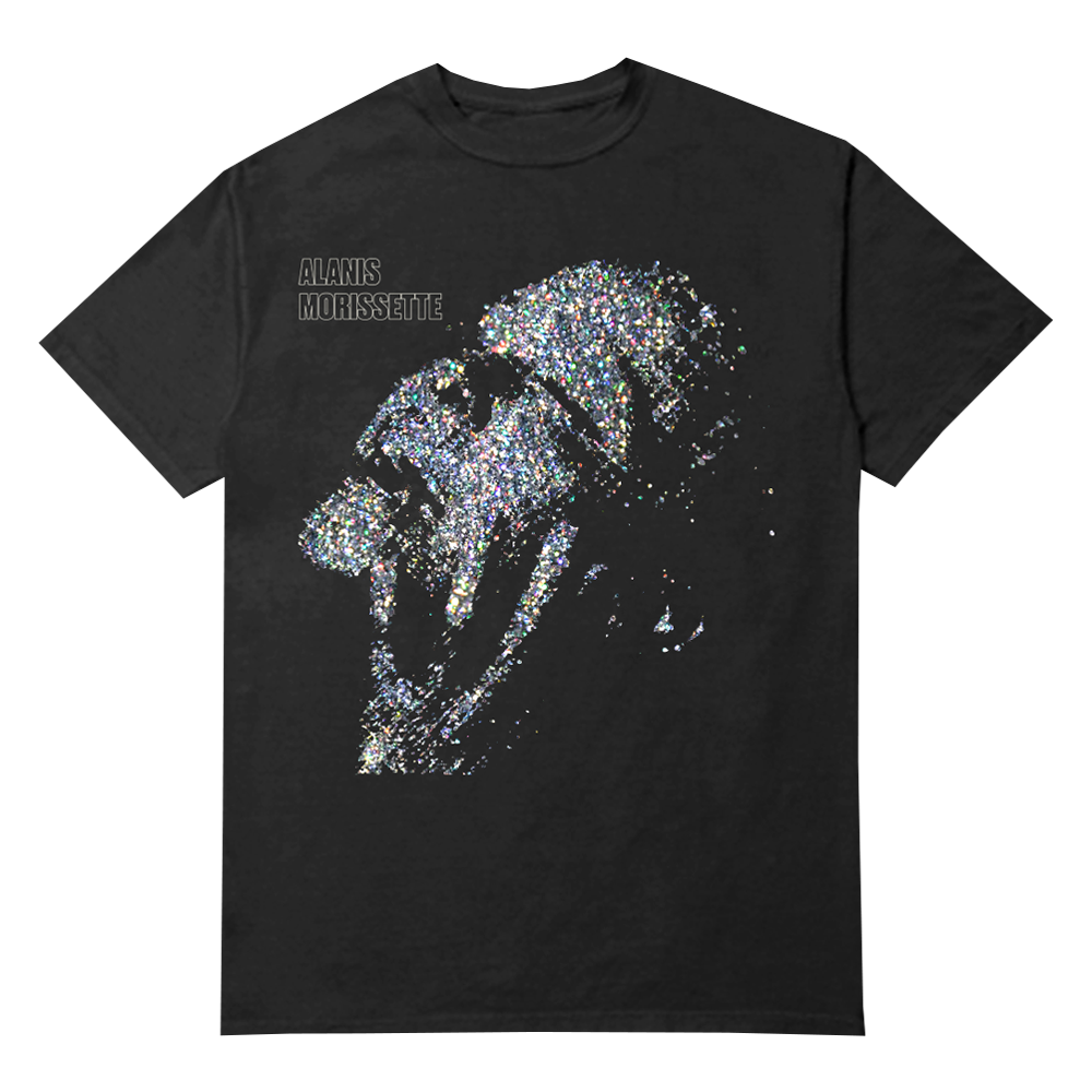 Black t-shirt featuring a glittery, multicolored silhouette design and ’Alanis Morissette’ text.