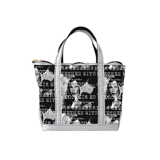 Stylish black and white tote bag with text and portrait design.