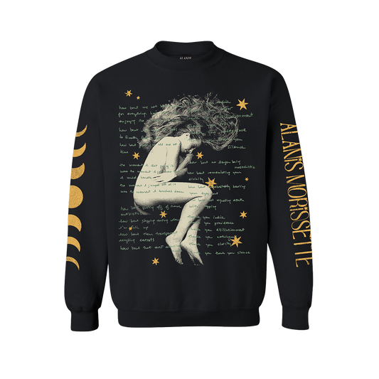 Black sweatshirt featuring an artistic design of a curled-up figure surrounded by moon phases and text.