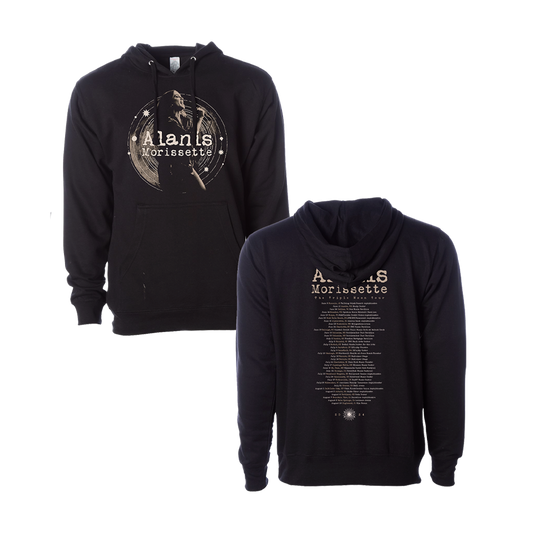 Black hooded sweatshirt featuring Alanis Morissette branding and tour dates.