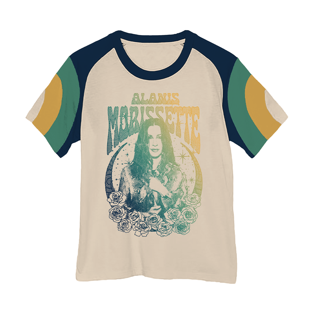 Retro-style t-shirt featuring Alanis Morissette artwork with colorful sleeves and collar.