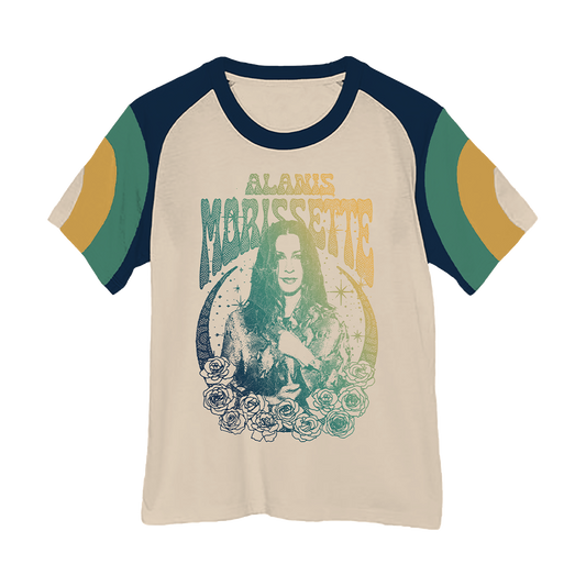 Retro-style t-shirt featuring Alanis Morissette artwork with colorful sleeves and collar.