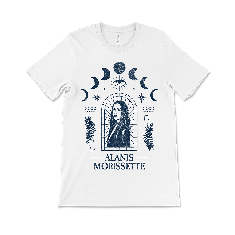 White t-shirt featuring a mystical design with Alanis Morissette’s name and portrait.