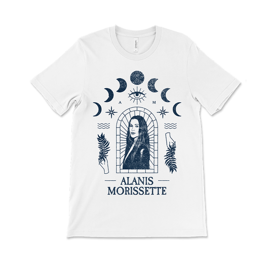 White t-shirt featuring a mystical design with Alanis Morissette’s name and portrait.
