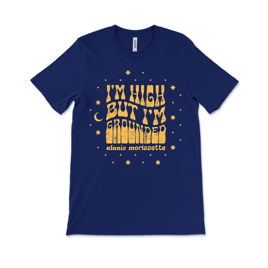 Navy blue t-shirt with yellow text and star designs.