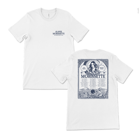 White t-shirt with Alanis Morissette tour artwork printed on it.