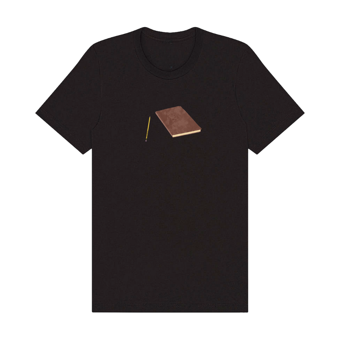 Black t-shirt with gold notebook and pencil accessory, minimalist design.