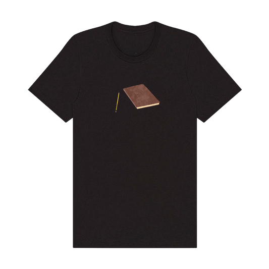 Black t-shirt with gold notebook and pencil accessory, minimalist design.
