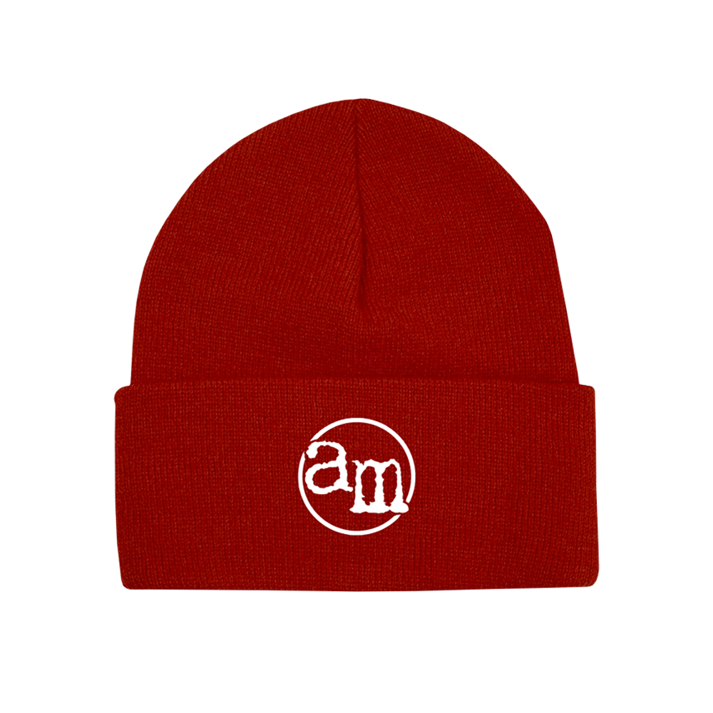 Red knit beanie with an embroidered white ’am’ logo.