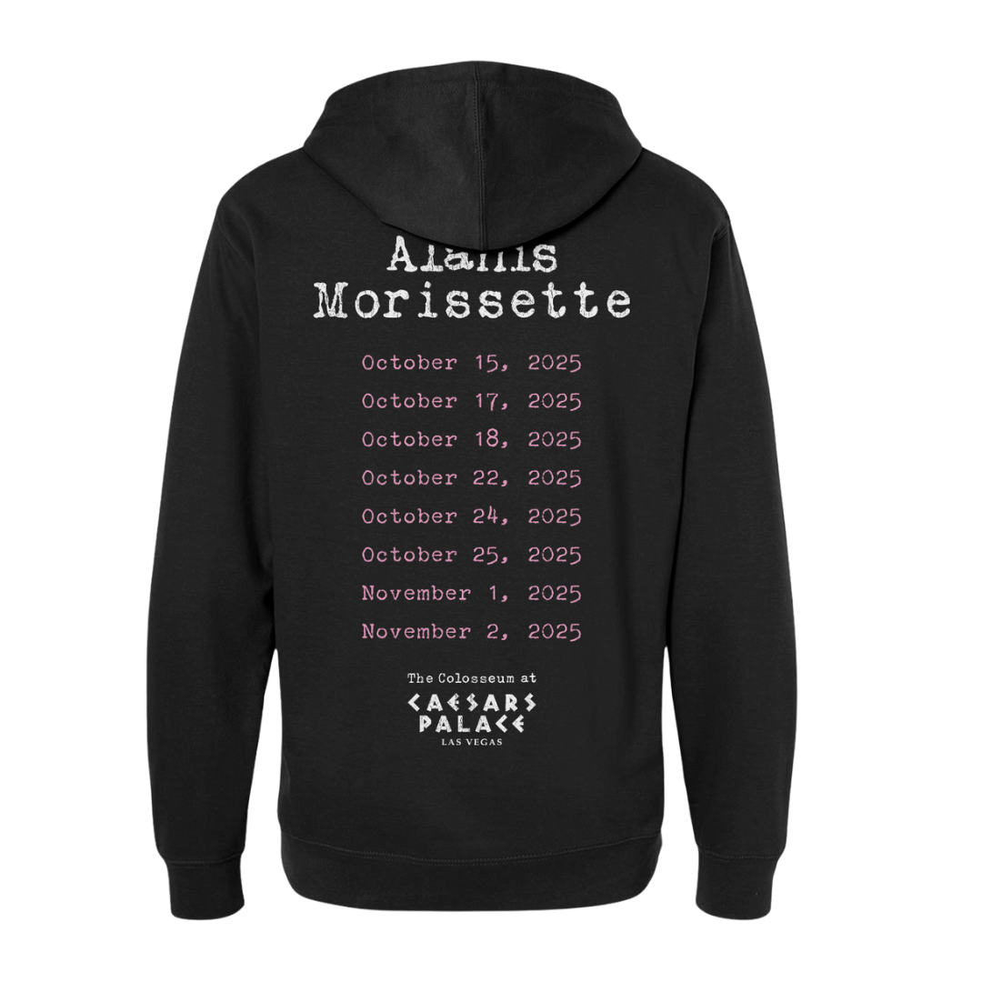 Black hoodie with alanis morissette tour dates printed on the back.