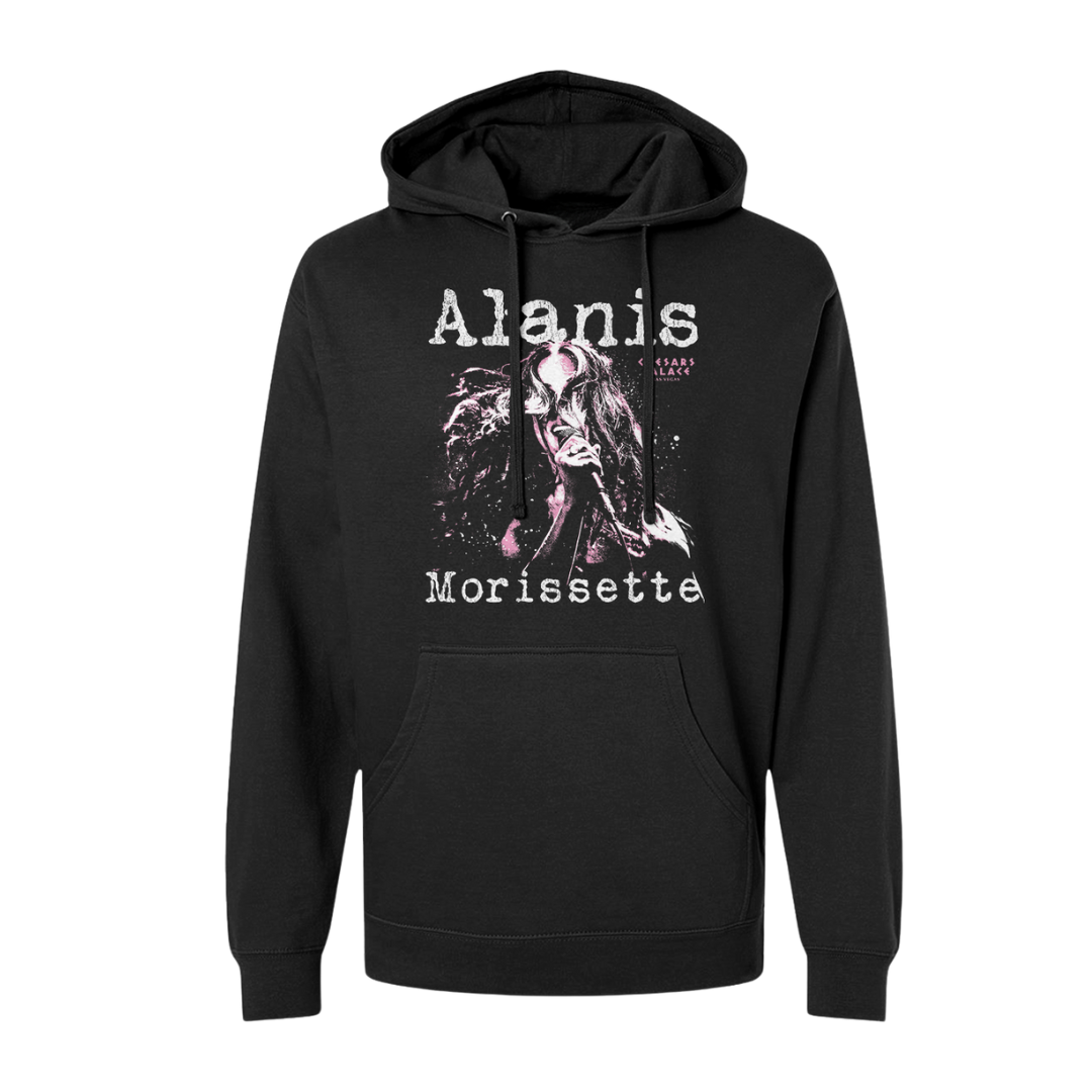 Black alanis morissette hoodie with white graphic design and text.