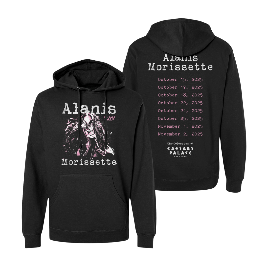 Black alanis morissette hoodie with graphic design and tour dates on back.