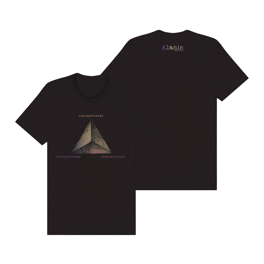 Brown alanis t-shirt with geometric design and text on front.