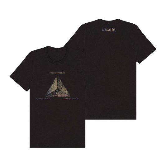 Brown alanis t-shirt with geometric design and text on front.