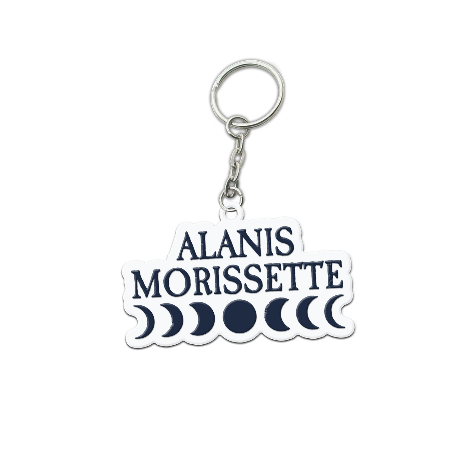Keychain featuring Alanis Morissette’s name and moon phase symbols.
