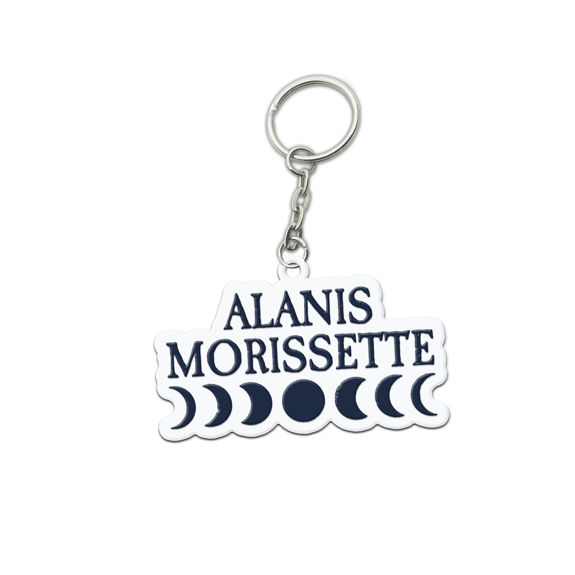 Keychain featuring Alanis Morissette’s name and moon phase symbols.