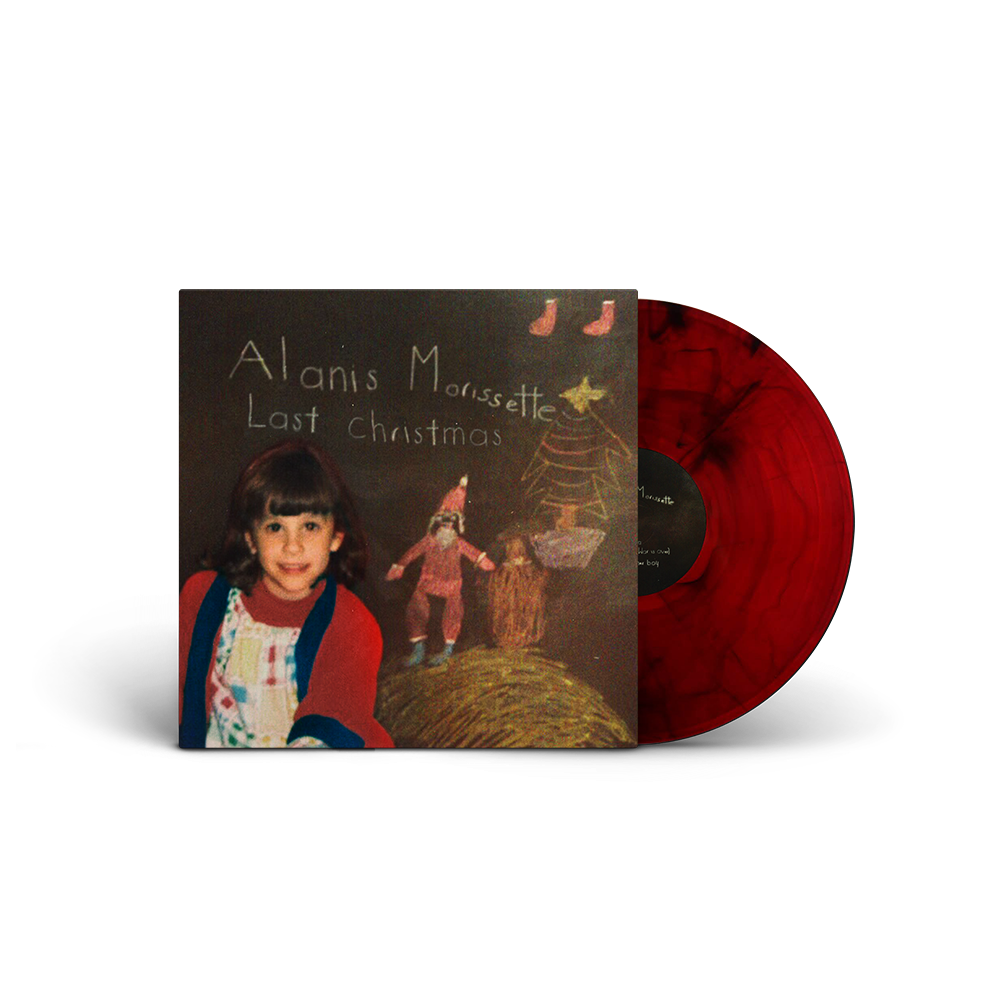 Album cover for ’Last Christmas’ by Alanis Morissette featuring a vinyl record and childhood photo.