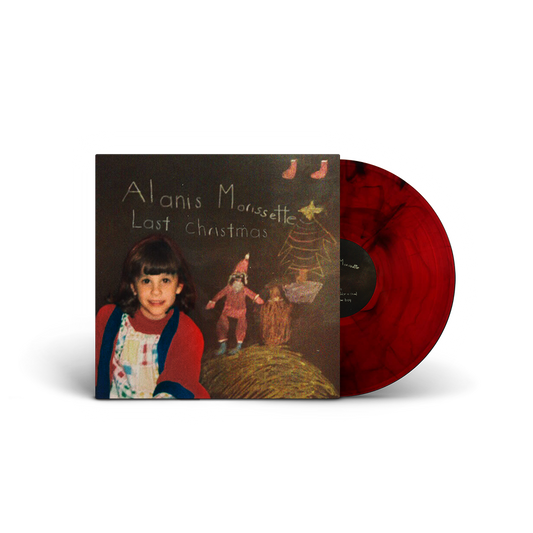 Album cover for ’Last Christmas’ by Alanis Morissette featuring a vinyl record and childhood photo.