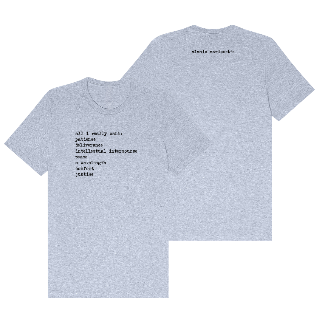 White t-shirt with black text design featuring ’all i really want’ and list of words.