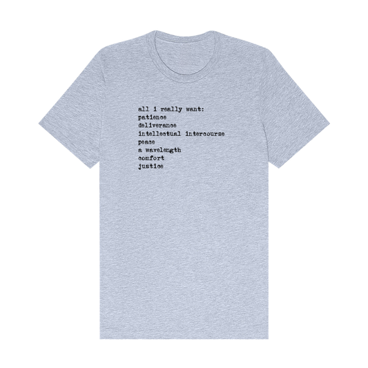 Light blue t-shirt with black text design featuring a list of desires.