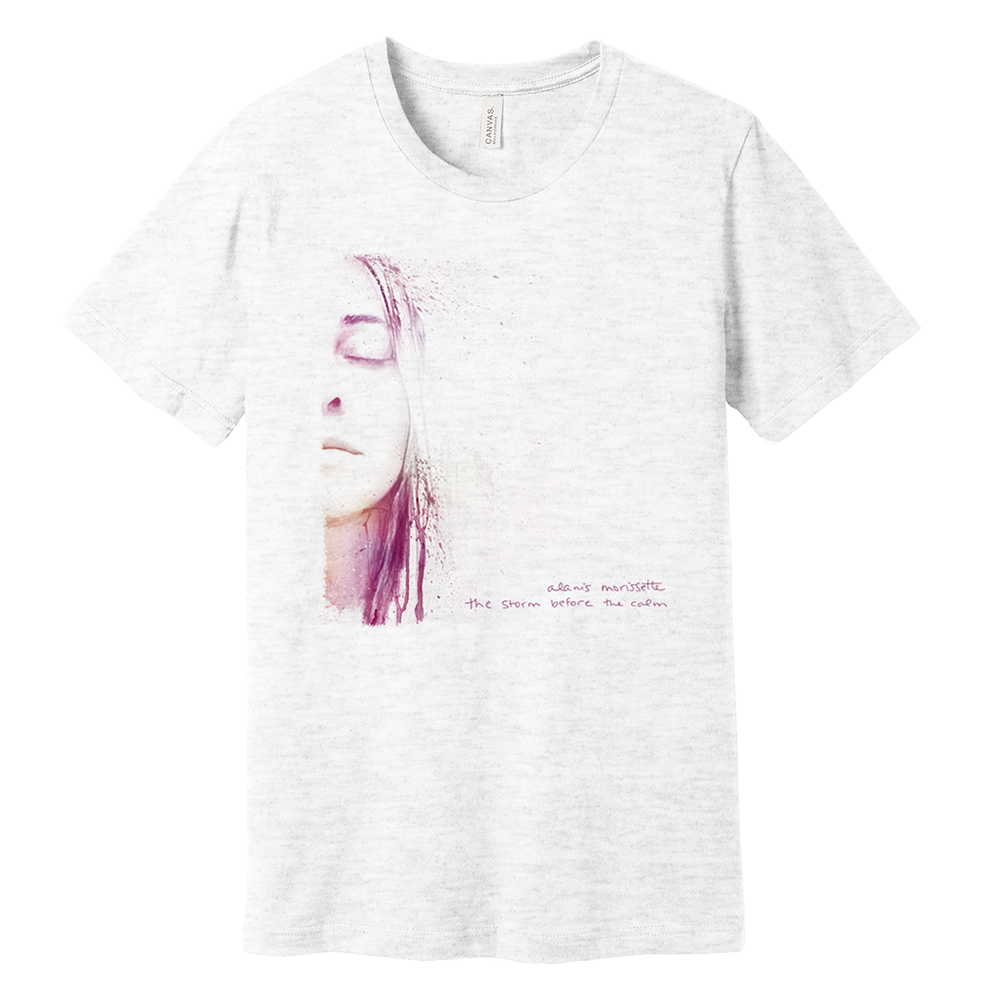 White graphic t-shirt with a woman’s face and purple paint design.