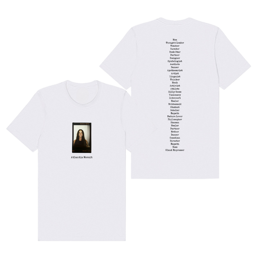 White t-shirt with black text and a small portrait of a person on the front.