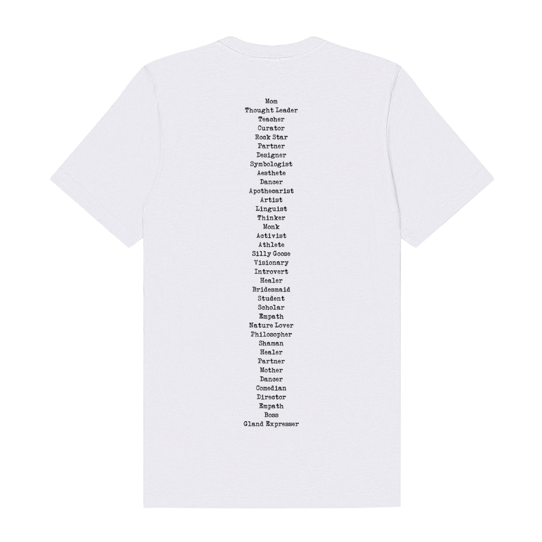White t-shirt with printed list of professions and occupations in black text.