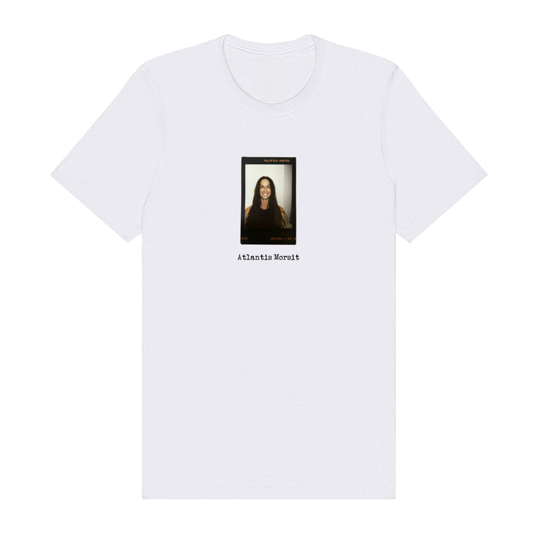 White t-shirt with black portrait design and text ’atlanta moritz’ on front.