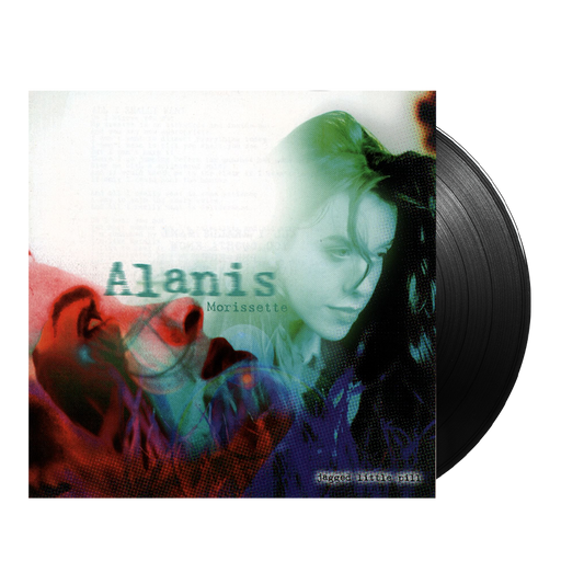 Vinyl record album of Alanis Morissette’s ’Jagged Little Pill’ with colorful abstract cover art.