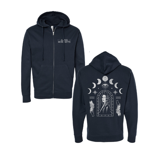 Dark blue zip-up hoodie with mystical artwork on the back.