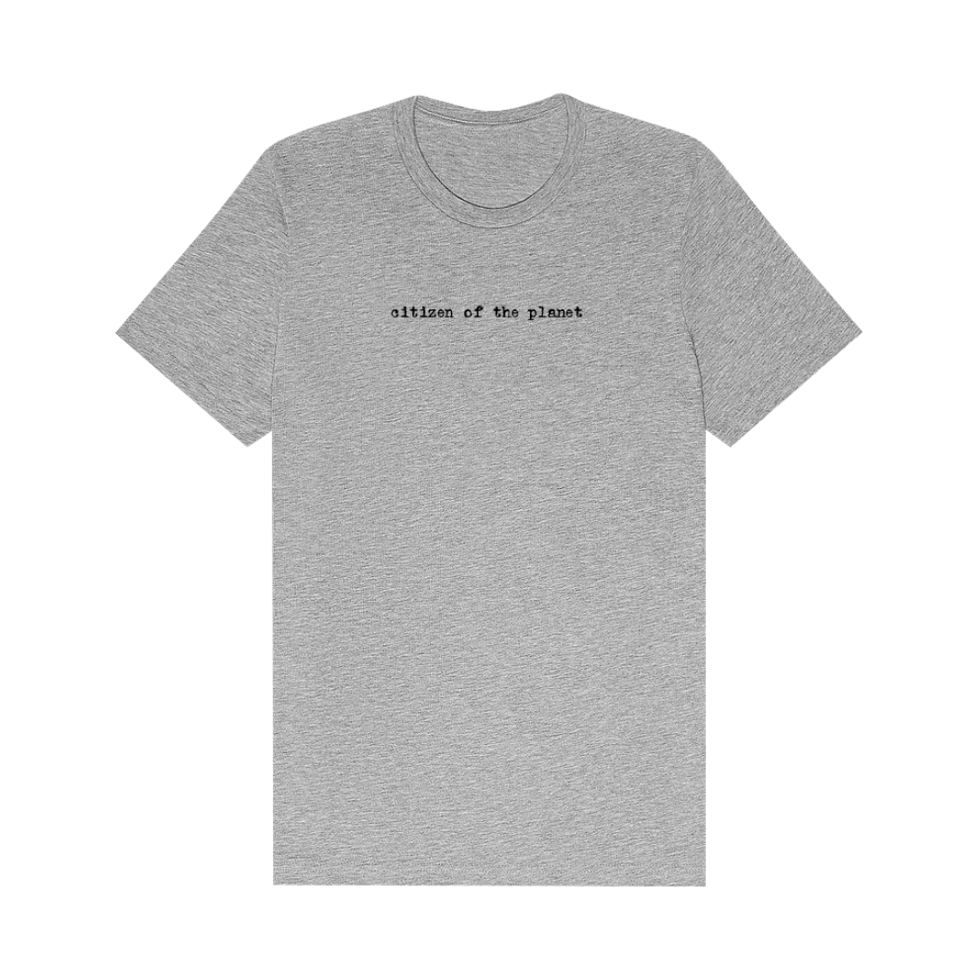 Heather gray crew neck t-shirt with ’citizen of the planet’ text in black.