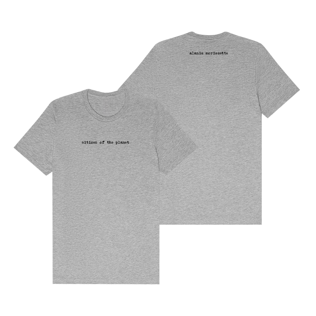 Gray t-shirt with ’citizen of the planet’ text design.