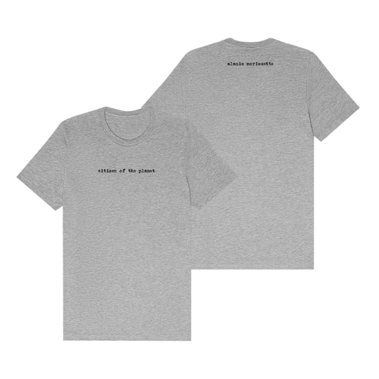 Gray t-shirt with ’citizen of the planet’ text design.