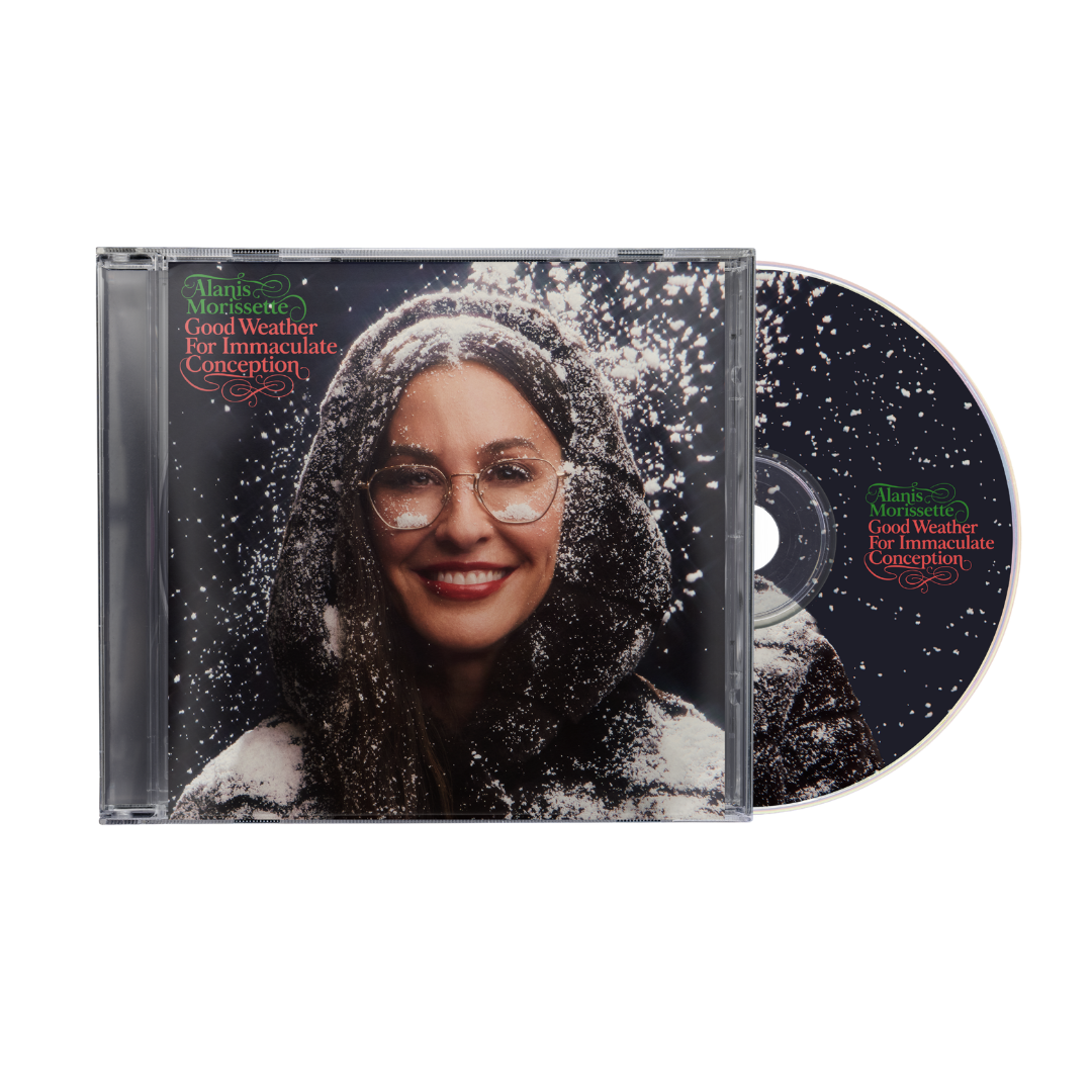 Alanis morissette good weather for immaculate conception cd album with black and white snowy portrait and gold-rimmed glasses