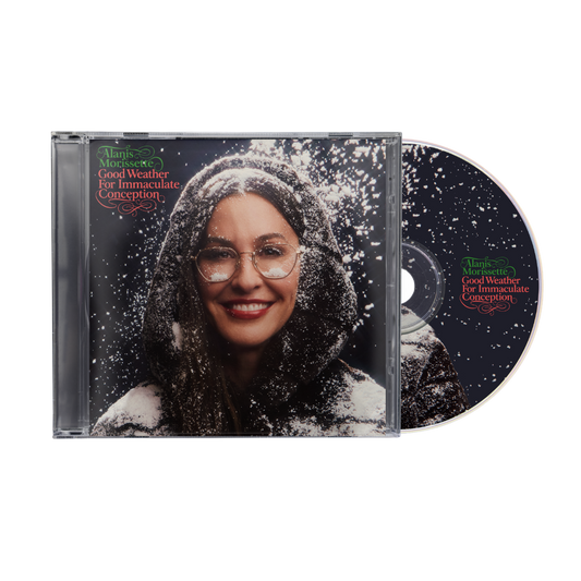 Alanis morissette good weather for immaculate conception cd album with black and white snowy portrait and gold-rimmed glasses