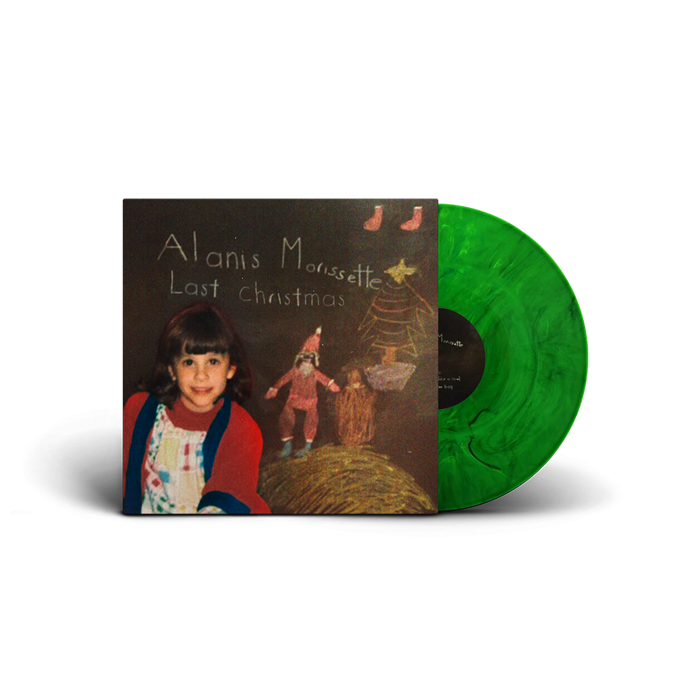 Album cover for ’Last Christmas’ by Alanis Morissette featuring a green vinyl record.