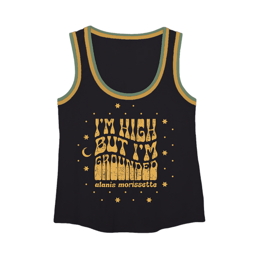 Black tank top with yellow text reading ’I’m high but I’m grounded’ and Alanis Morissette’s name.