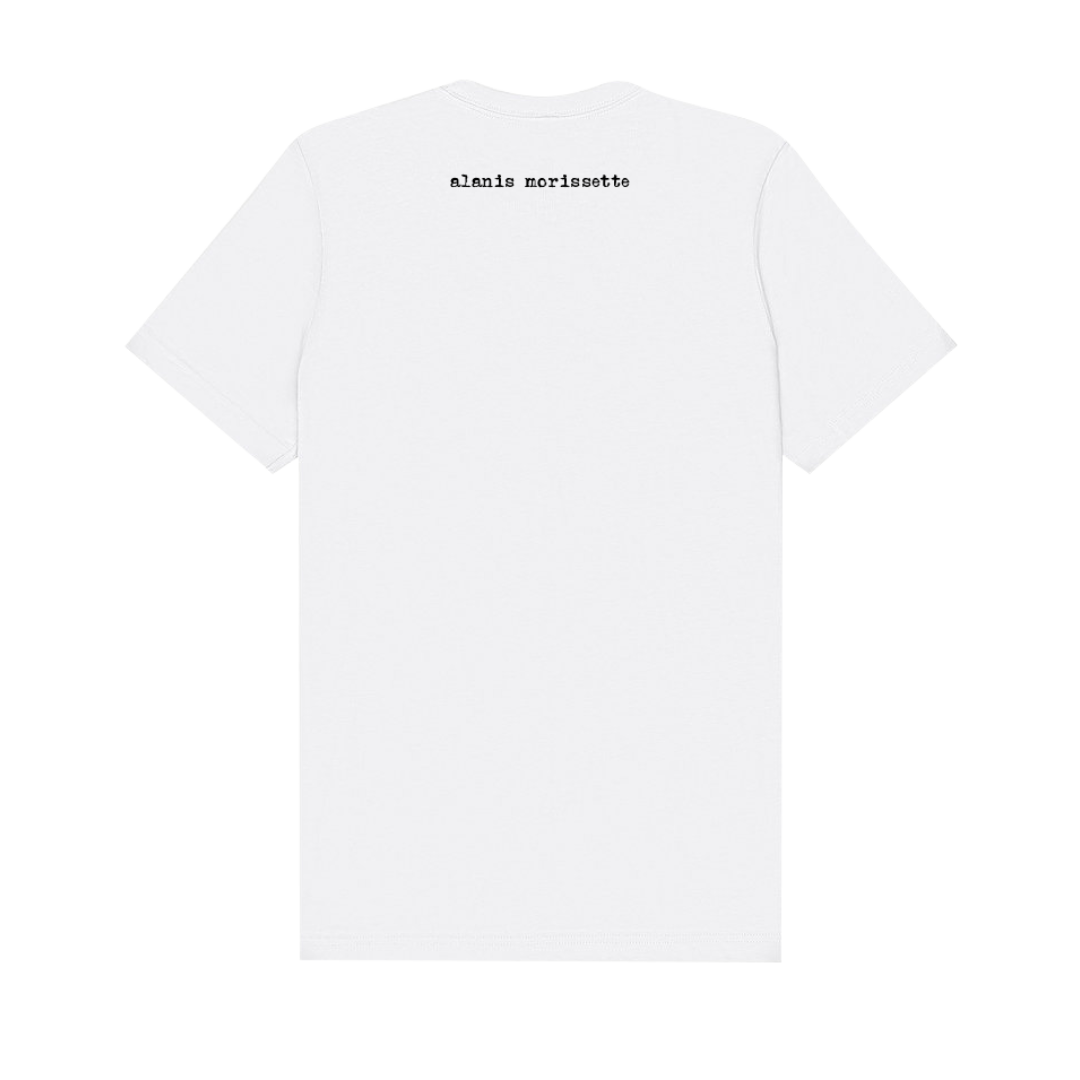 White t-shirt with ’alenos morissette’ text on the front.