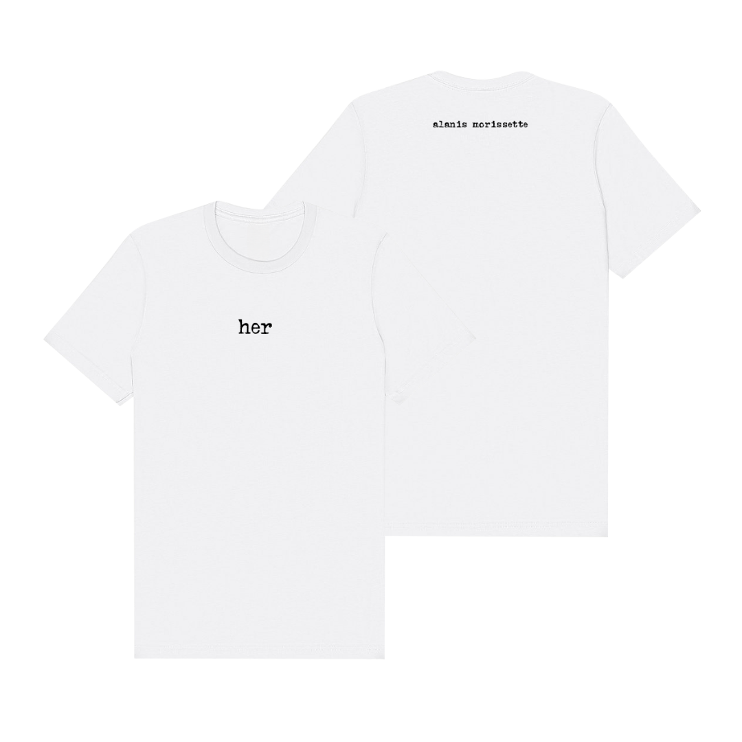 White t-shirt with ’her’ text design, minimalist style.