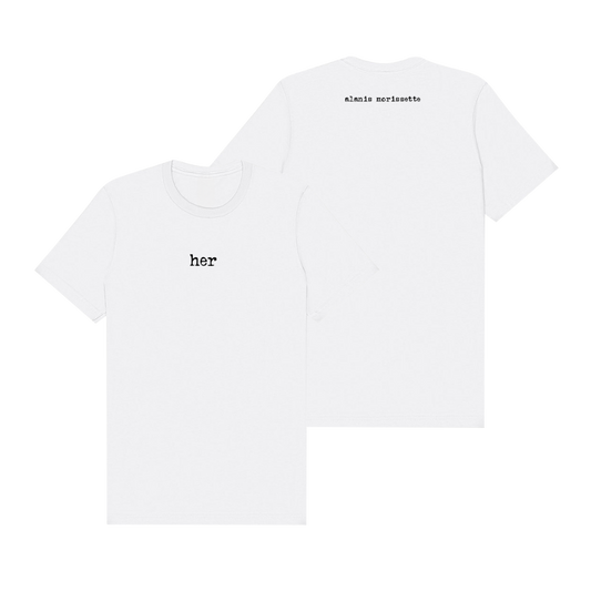 White t-shirt with ’her’ text design, minimalist style.